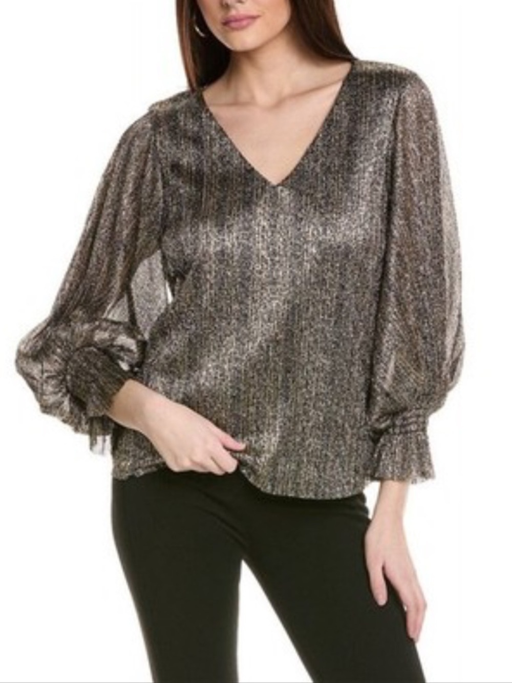 Vince Camuto Metallic Gold Silver Black Sheer Smockec Sleeve V Neck Boho Top 1X